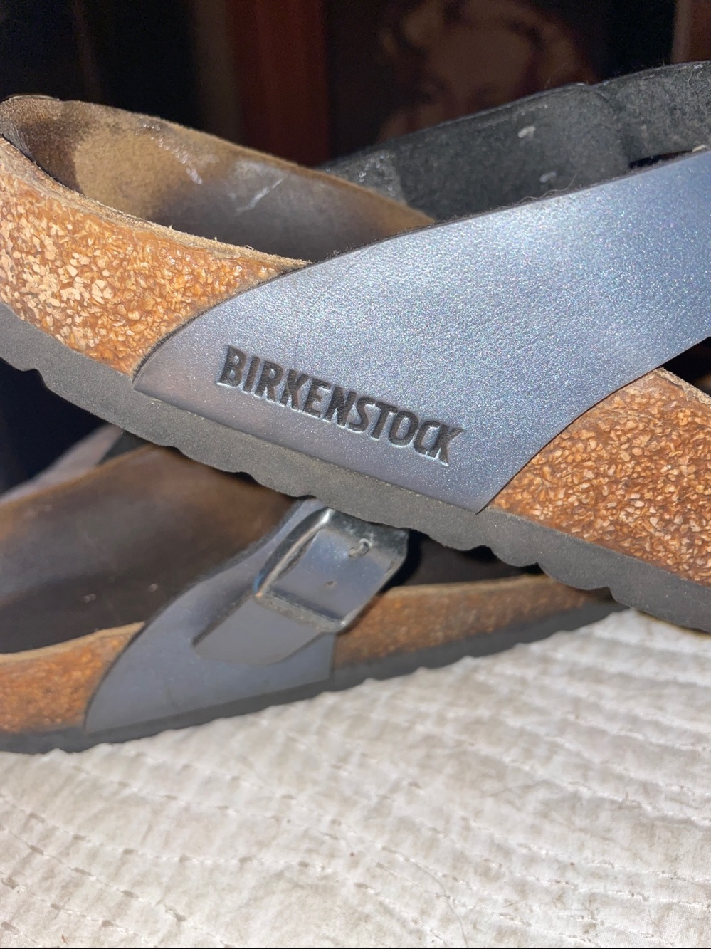 Birkenstock Metallic Blue Black Footbed Thong Sandals